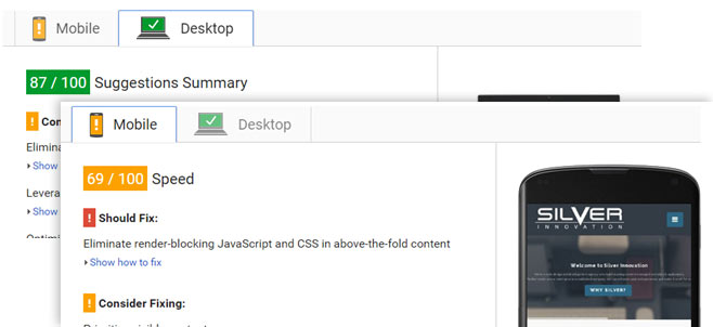 Pagespeed Insights - Mobile 69 / Desktop 87