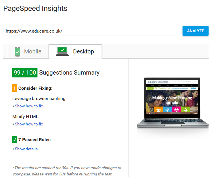 EduCare Pagespeed Insights Success